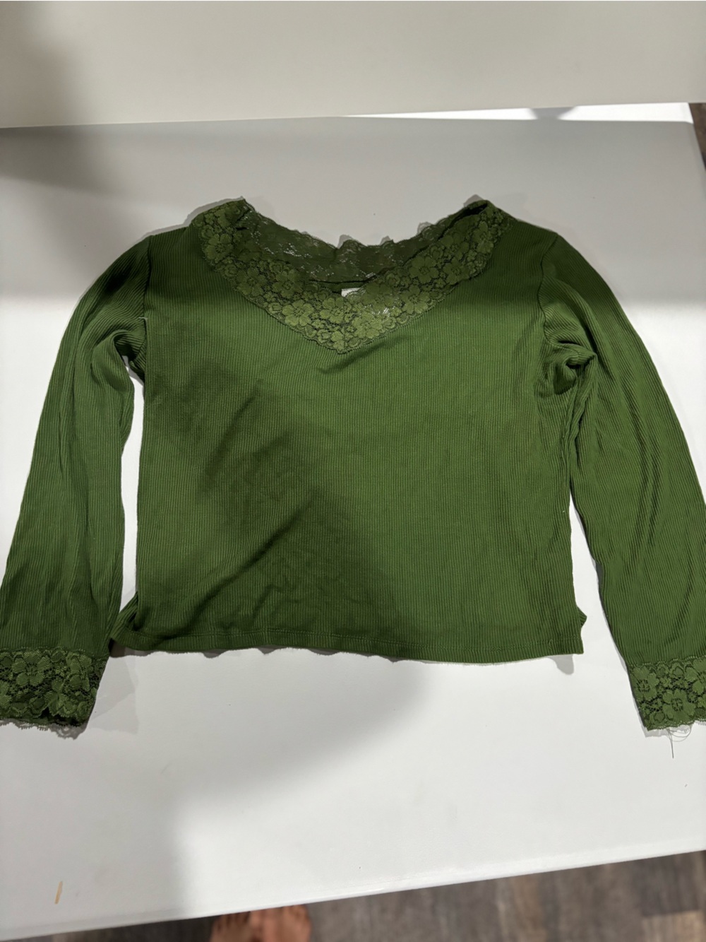 Chadwicks Olive Green Lace Trim Ribbed Long Sleeve Top